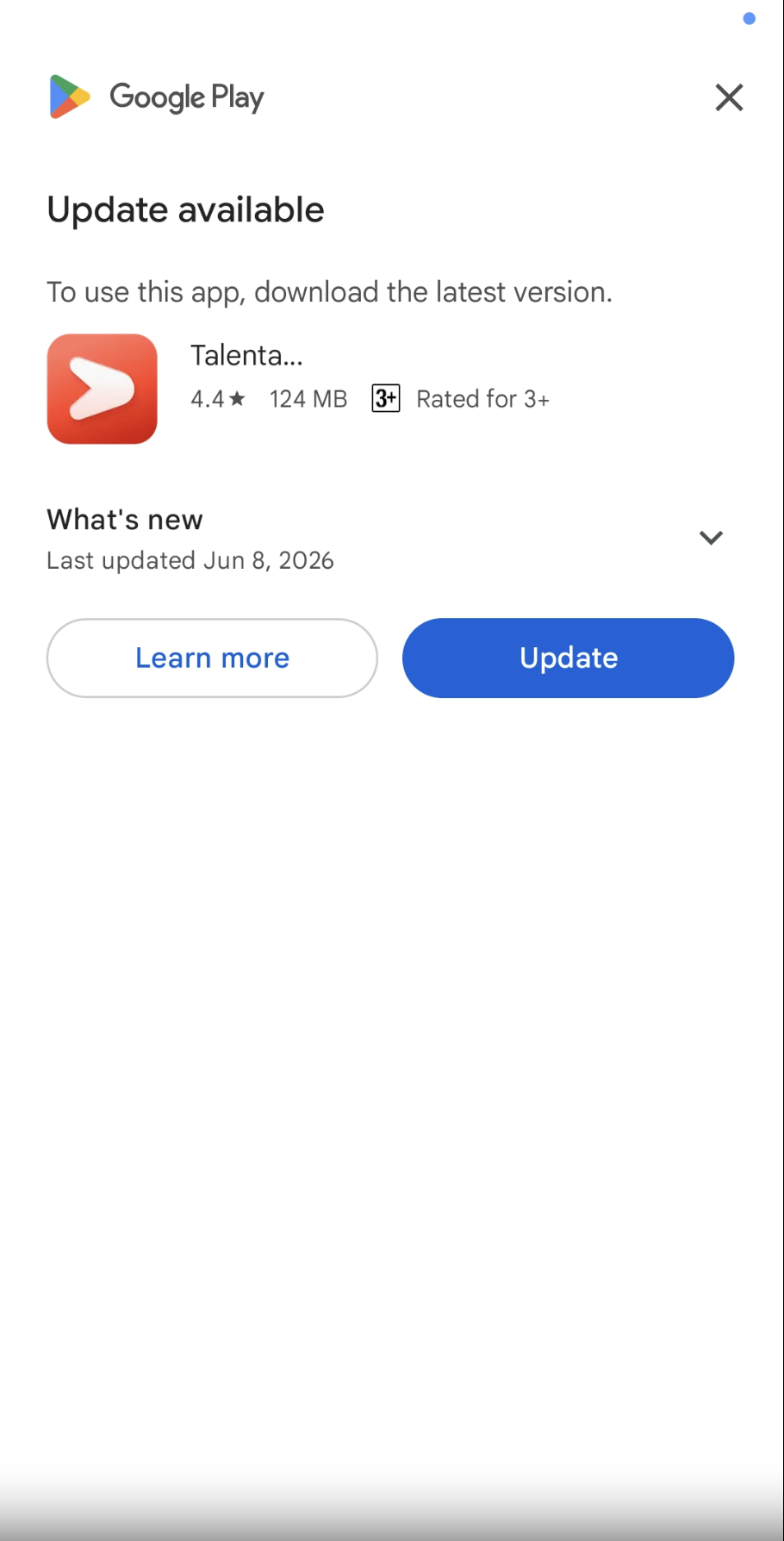 Android Play Store update dialog